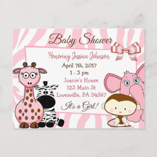 Invitation Carte Postale La jungle des filles ou zoo Animaux Baby shower à