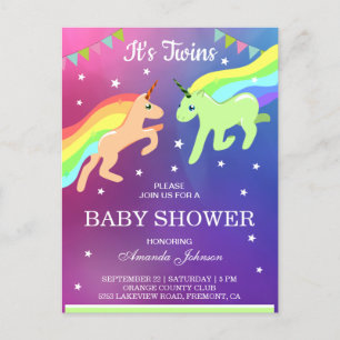 Invitation Carte Postale La licorne mignonne jumelle le baby shower