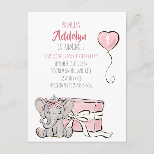 Invitation Carte Postale La princesse rose Eléphant fête du 1er anniversair (Devant)