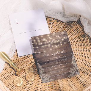 Invitation Carte Postale L'Amour Est Patient Bois, Guirlande Lumineuse & De