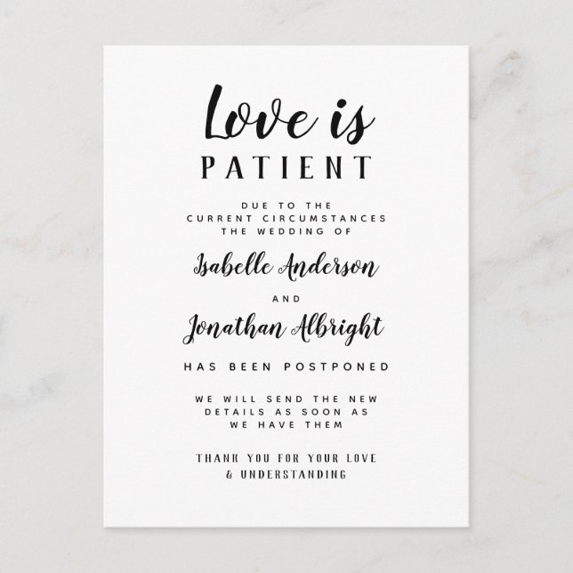 Invitation Carte Postale L'amour est patient, élégant mariage retardé (Devant)