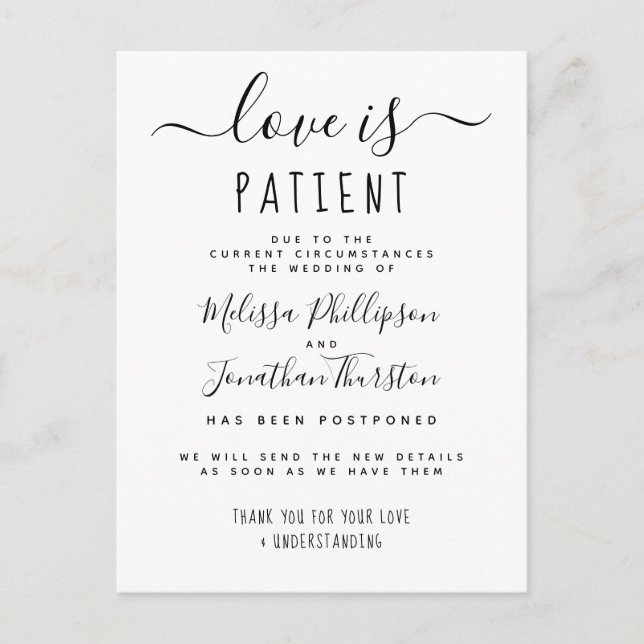 Invitation Carte Postale L'Amour Est Un Patient Élégant Mariage Reporté (Devant)