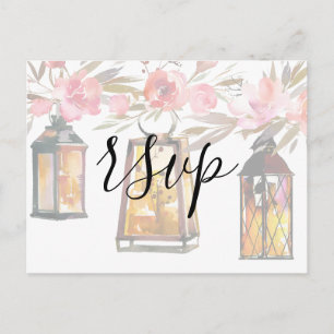 Invitation Carte Postale Lanternes d'or Rose de corail rustique RSVP fleuri