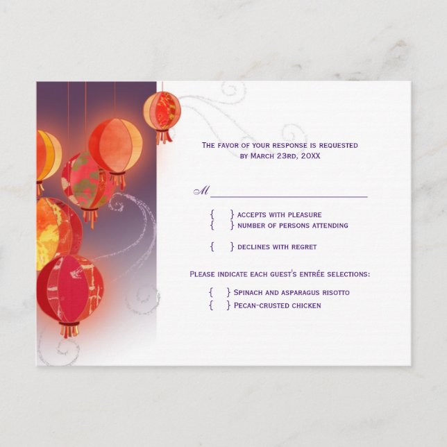 Invitation Carte Postale Lanternes en papier rouge Mariage choix de repas R (Devant)
