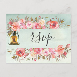 Invitation Carte Postale Lanternes Florales Aquarelle Vert Rustique Mariage