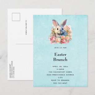 Invitation Carte Postale Lapin avec une guirlande de roses Pâques mignon