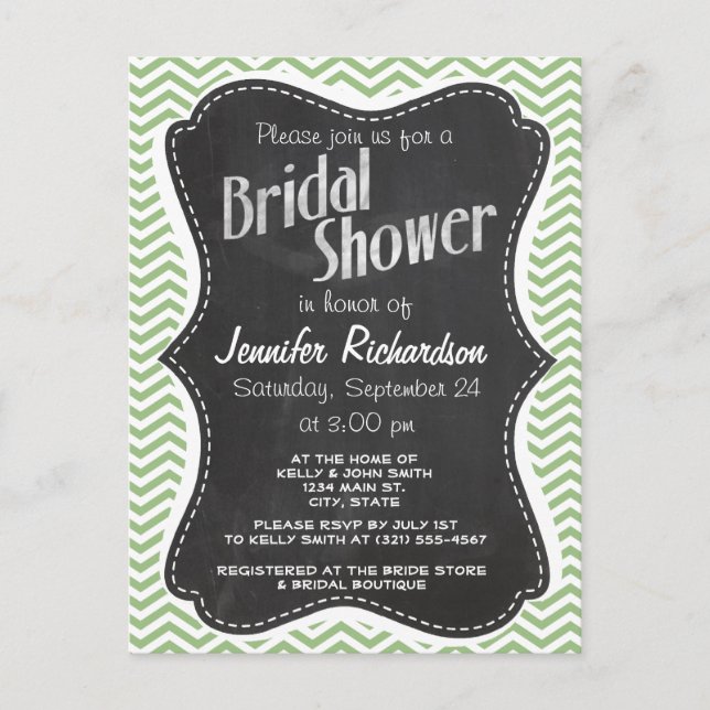 Invitation Carte Postale Laurel Green Chevron Stripes; Chalkboard look (Devant)