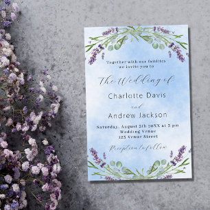 Invitation Carte Postale Lavande eucalyptus vert mariage bleu