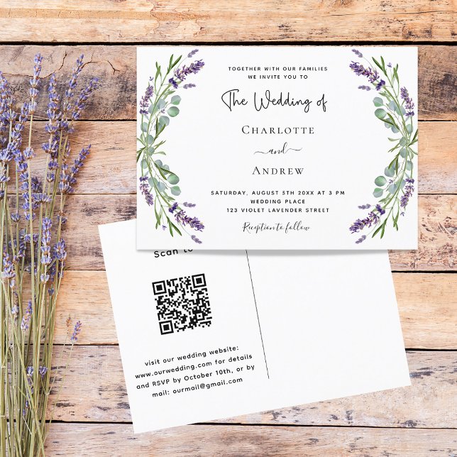 Invitation Carte Postale Lavande fleurit vert code QR RSVP mariage (Créateur téléchargé)