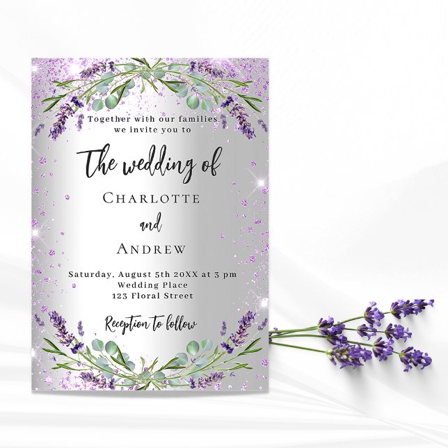 Invitation Carte Postale lavande mariage argent eucalyptus verdure fleurie (Créateur téléchargé)