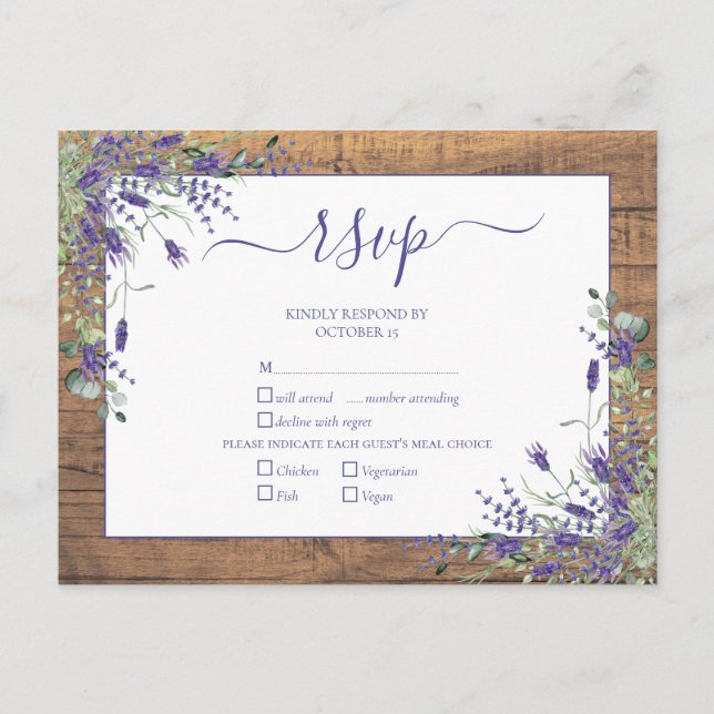 Invitation Carte Postale Lavender Eucalyptus Script mariage en bois RSVP (Devant)