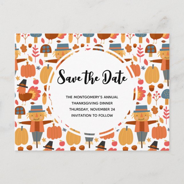 Invitation Carte Postale Le Motif de Thanksgiving Sauvez la date (Devant)