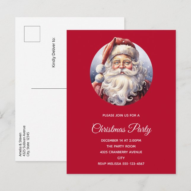Invitation Carte Postale Le Père Noël rétro dans un Noël Casquette rouge (Devant / Derrière)