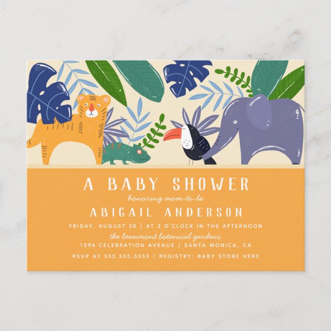 Invitation Carte Postale Les animaux de la jungle tropicale Baby shower neu (Devant)