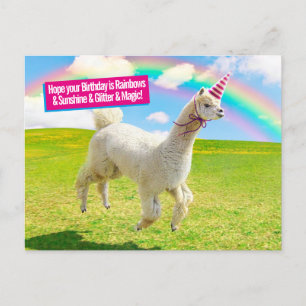 Invitation Carte Postale Licorne Alpaga sous un ciel arc-en-ciel