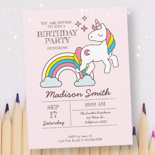 Invitation Carte Postale Licorne Arc-en-ciel Mignonne et Anniversaire avec 