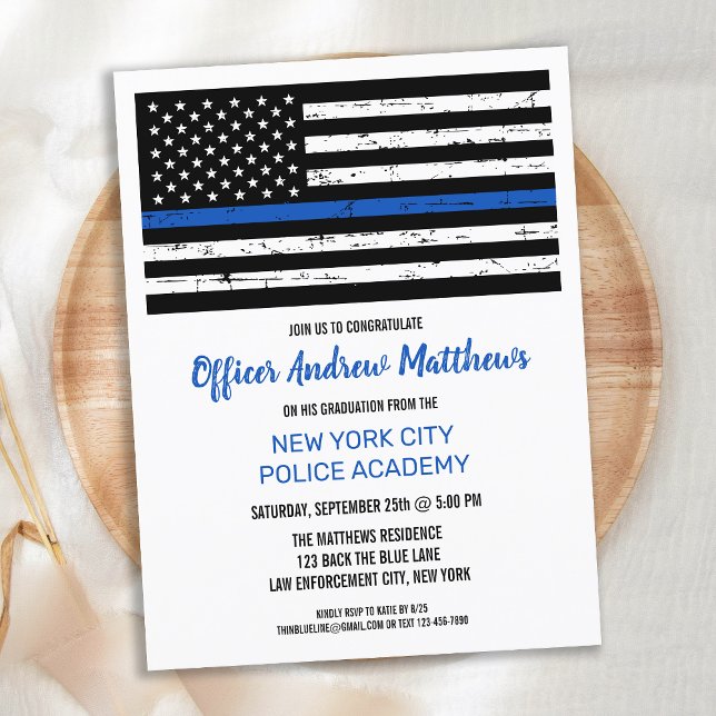 Invitation Carte Postale Ligne Bleue Mince Police Police Graduation (Créateur téléchargé)
