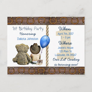 Invitation Carte Postale Lil Cowboy Baby Boy et Teddy Bear 1er anniversaire