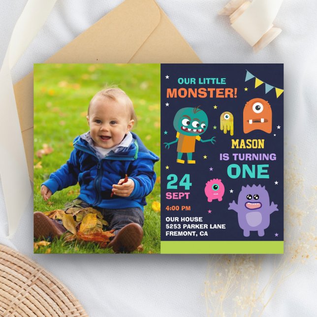Invitation Carte Postale Little Monster 1ère photo fête d'anniversaire (Créateur téléchargé)
