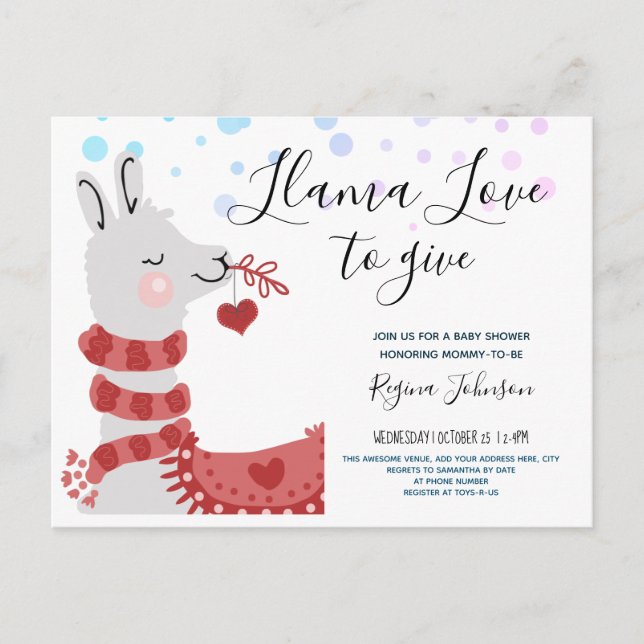 Invitation Carte Postale llama Love Valentine Baby shower Girl (Devant)
