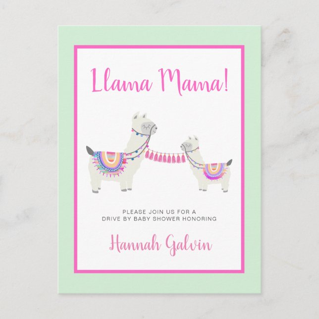 Invitation Carte Postale Llama Mama Hot Rose Green Drive Par Baby shower (Devant)