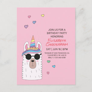 Invitation Carte Postale Llamacorn fête moderne mignonne anniversaire