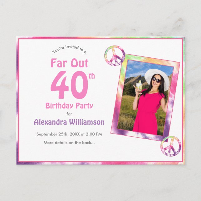Invitation Carte Postale Loin de 40e Super Tie Dye Photo fête d'anniversair (Devant)