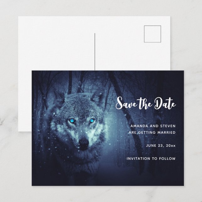 Invitation Carte Postale Loup sauvage aux beaux yeux bleus Sauvez la date (Devant / Derrière)