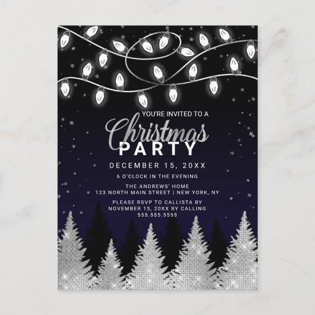 Invitation Carte Postale Lumières blanches Parties scintillant Arbres Noël  (Devant)
