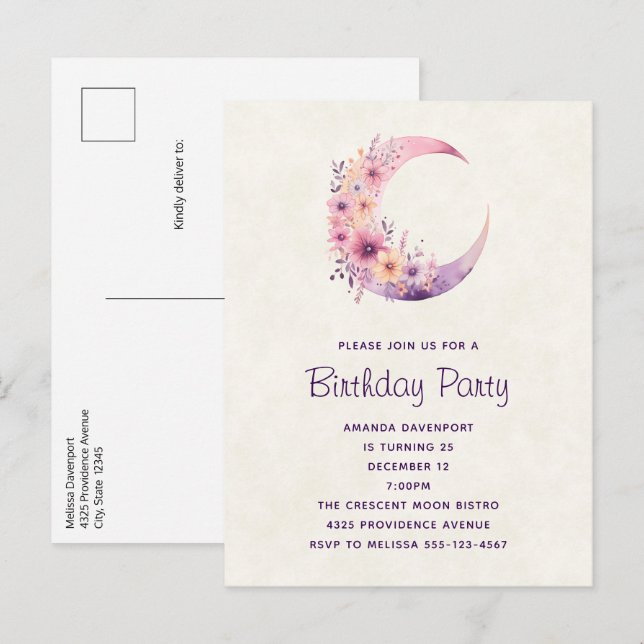 Invitation Carte Postale Lune rose Croissant avec de jolies fleurs Annivers (Devant / Derrière)