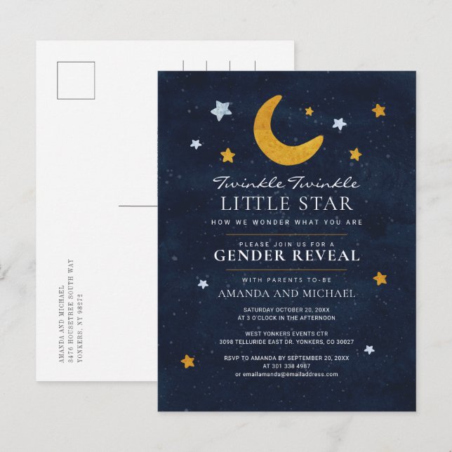 Invitation Carte Postale Lune Stars Genre Révéler Couple Marine Bleu (Devant / Derrière)