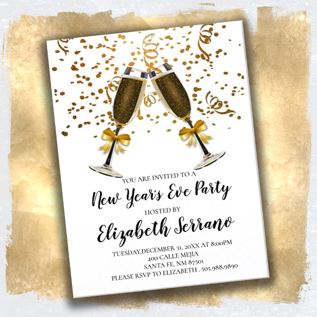 Invitation Carte Postale Lunettes de Champagne Or Blanc Nouvel An Soirée (Créateur téléchargé)