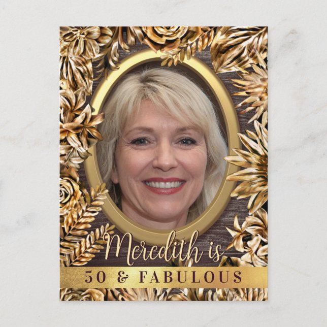 Invitation Carte Postale Luxury Gold Floral Photo personnalisée 50 Et Fabul (Devant)