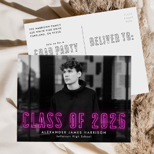 Invitation Carte Postale Magenta Neon Classe de 2025 Photo Graduation Party