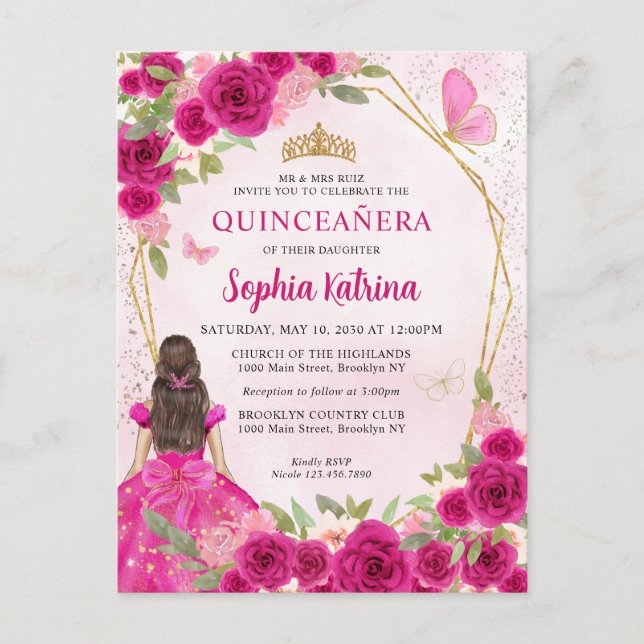 Invitation Carte Postale Magenta Rose Glam Or Floral Princesse Quinceañera (Devant)