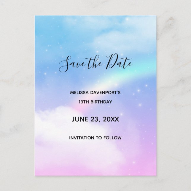 Invitation Carte Postale Magical Pastel Clouds and a Rainbow Enregistrer la (Devant)
