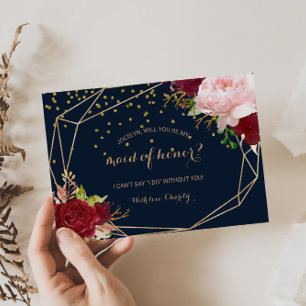 Invitation Carte Postale Maid d'honneur géométrique or et rouge tropical