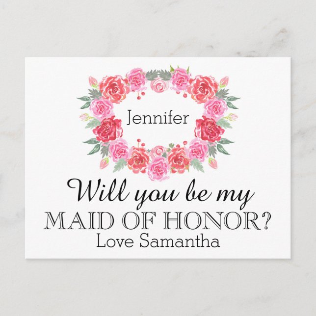 Invitation Carte Postale Maid of Honor aquarelle couronne florale (Devant)