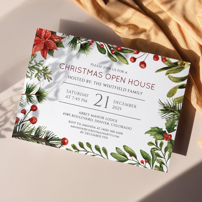 Invitation Carte Postale Maison ouverte de Noël Berry Mistletoe (Christmas Open House Holiday Party Invitation)