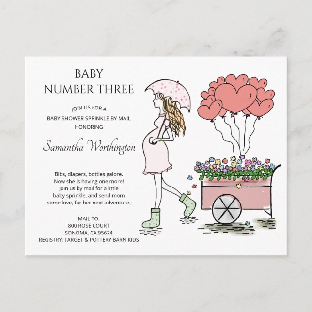Invitation Carte Postale Maman Enceinte 3e bébé Sprinkle Douche par courrie (Devant)