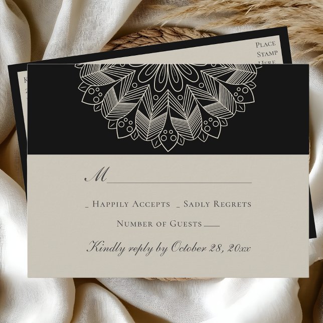 Invitation Carte Postale Mandala Boho Indian Elegant Noir Mariage RSVP (Créateur téléchargé)