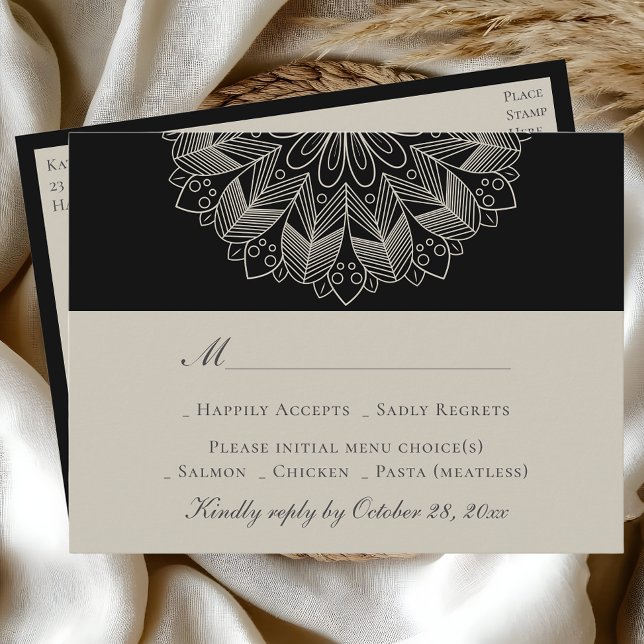 Invitation Carte Postale Mandala Boho Indian Elegant Noir Mariage RSVP (Créateur téléchargé)