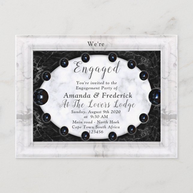 Invitation Carte Postale Marbre blanc et noir opulent + sphères (Devant)