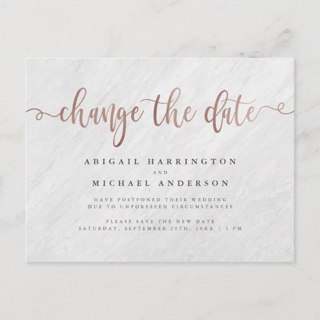 Invitation Carte Postale Marbre Chic & Écriture Or Rose Changer La Date (Devant)