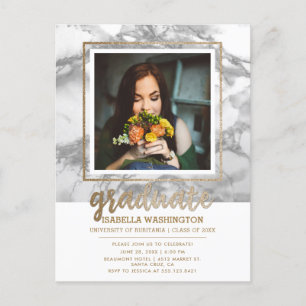 Invitation Carte Postale Marbre gris et Parties scintillant d'or Script Pho