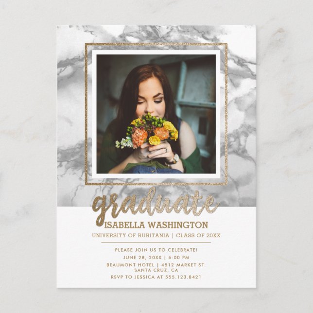 Invitation Carte Postale Marbre gris et Parties scintillant d'or Script Pho (Devant)