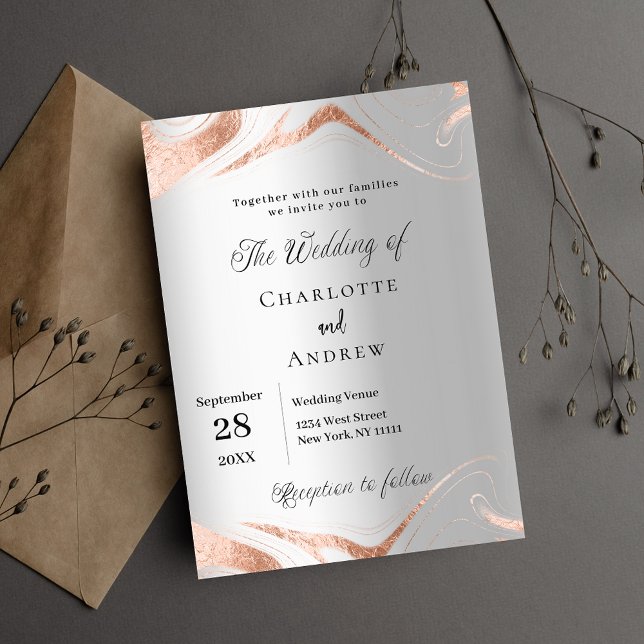Invitation Carte Postale Marbre or rose argent mariage élégant (Créateur téléchargé)