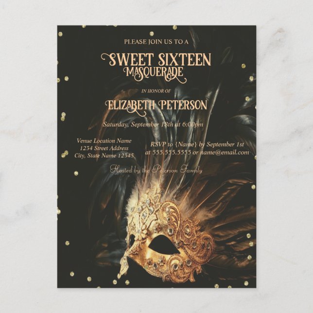 Invitation Carte Postale Mardi Gras Masque Diamants Black Sweet 16 (Devant)