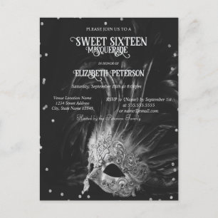 Invitation Carte Postale Mardi Gras Masque Diamants Grey Sweet 16