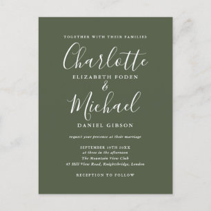 Invitation Carte Postale Mariage à l'écriture cursive vert olive Signature
